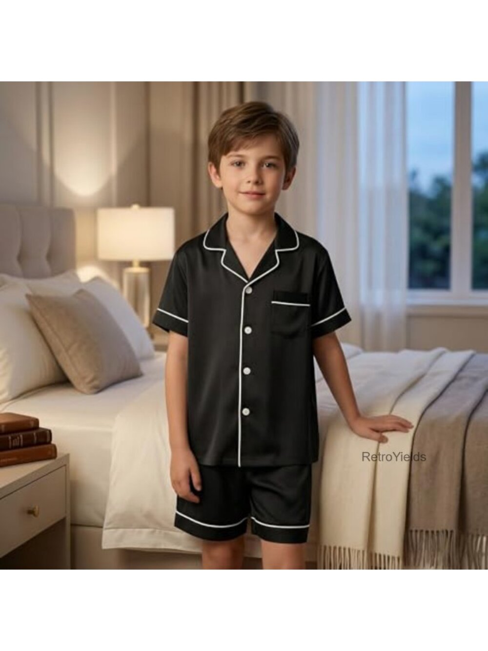 Kids Soft Pajama Set 2pc Short Sleeve Button Down Sleepwear Flame Resistant - Picture 2 of 6